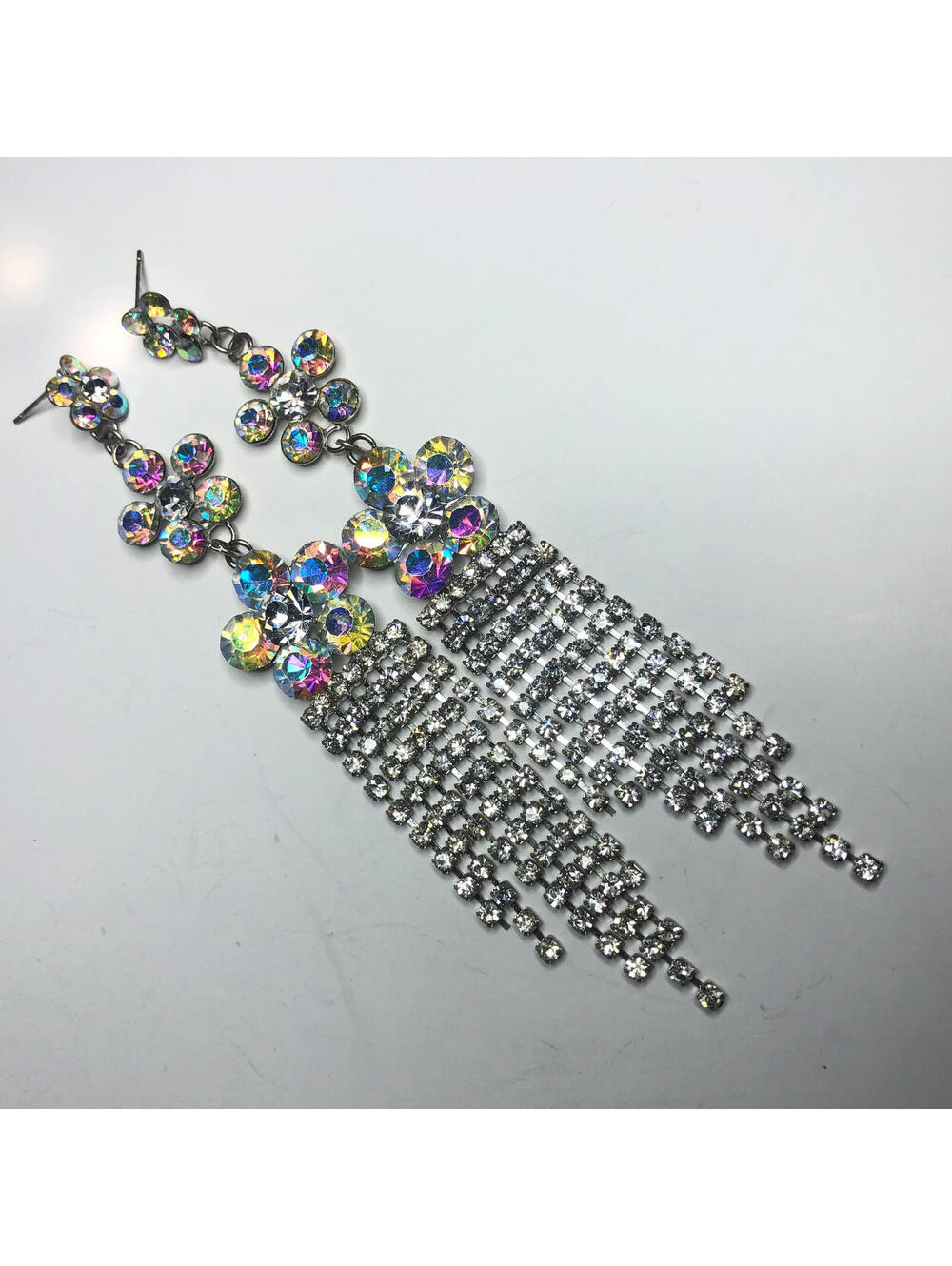 553 Unbranded AB crystal dangle drop long pierced earrings prom pageant - Picture 1 of 2